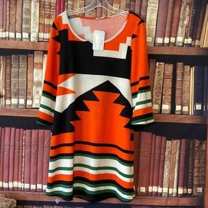J & M Bright tribal dress orange / green Aztec‎ NWT
